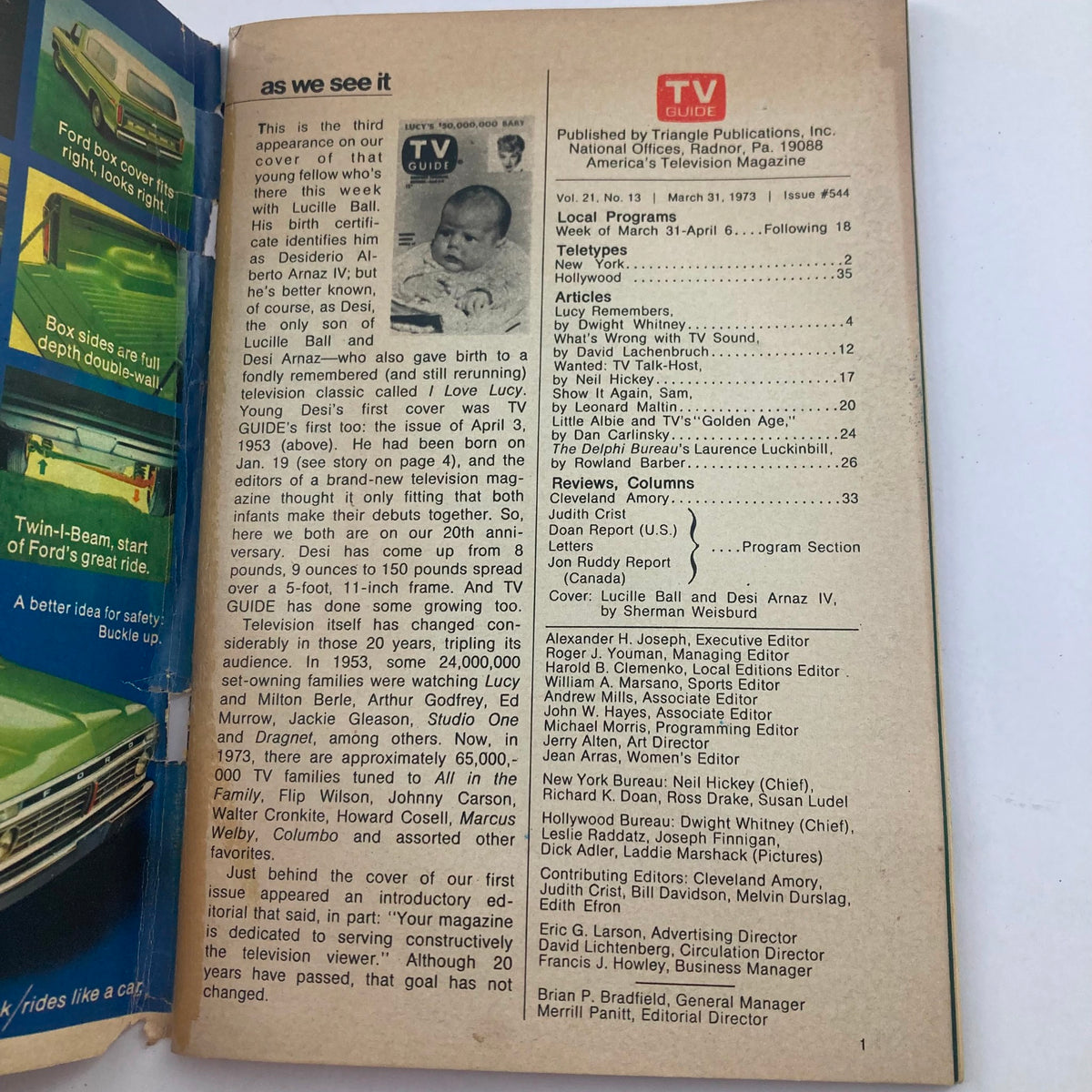 Inside page of TV Guide Magazine March 31, 1973, issue #544 featuring a description about Lucille Ball and listing of articles in that edition, highlighting key contributors and showing a historical perspective on television programming.