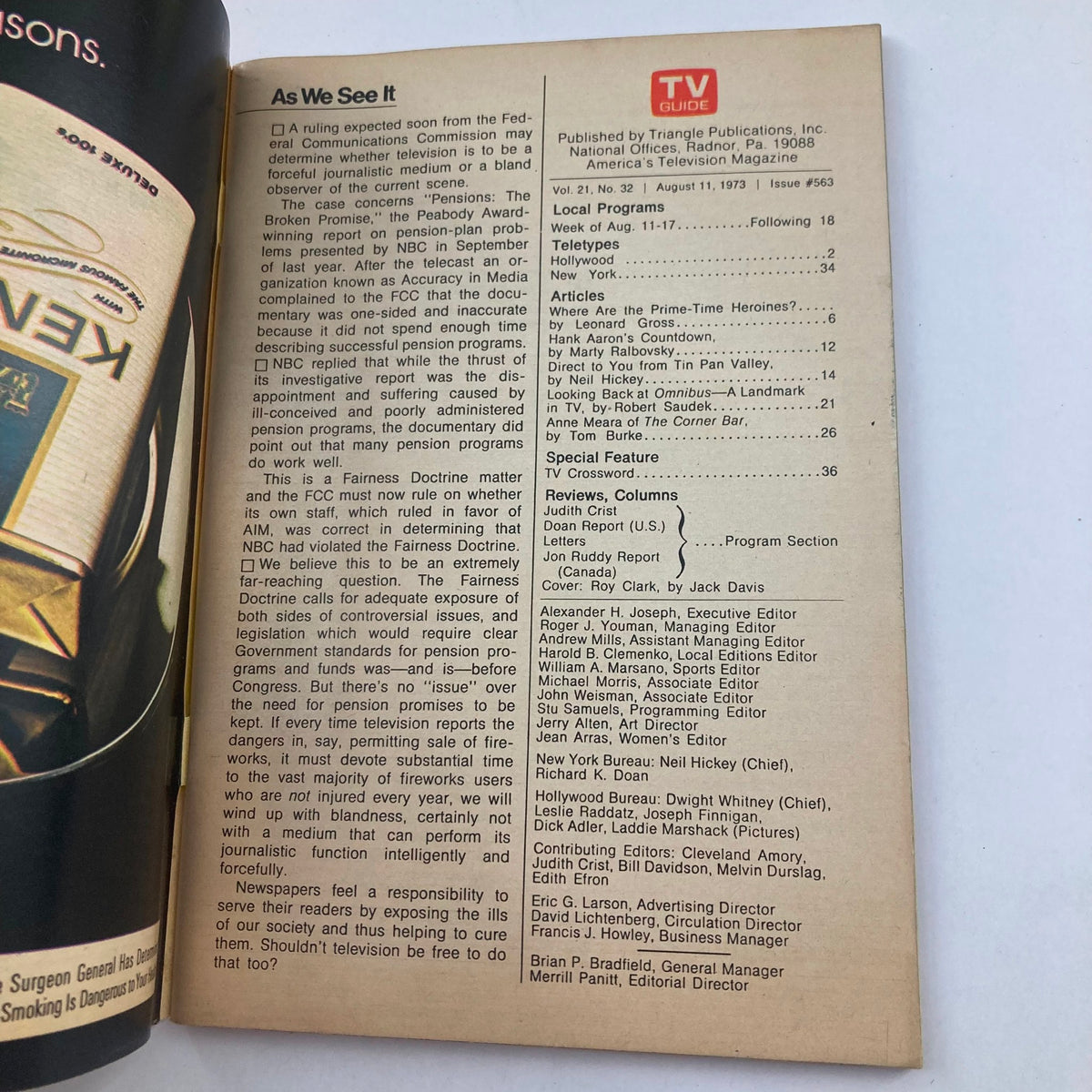 Inside page of TV Guide Magazine August 11, 1973, issue number 563, showcasing a table of contents that outlines local programs, articles, and special features relevant to the television landscape of the 1970s.