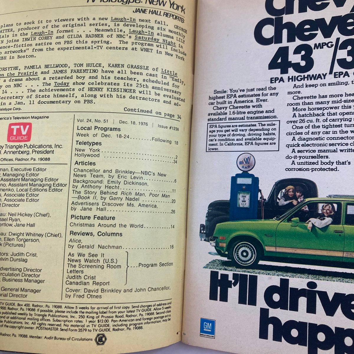 Interior page of TV Guide Magazine December 18 1976 Issue #1238, showcasing articles and advertisements, including a feature on David Brinkley and local TV schedules.