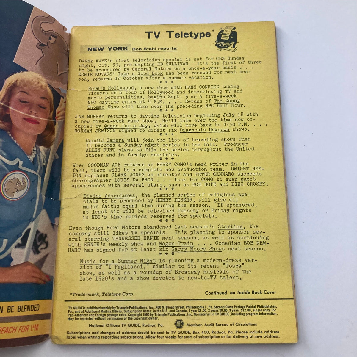 Interior page of TV Guide Magazine July 9 1960 covering upcoming television programming news and updates.