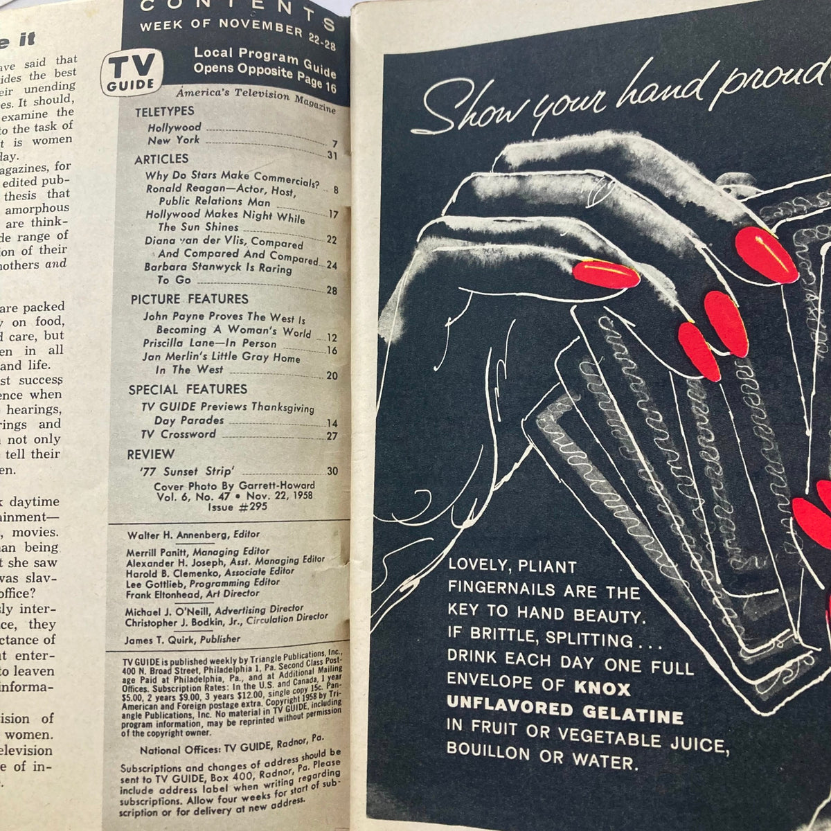 Inside page of TV Guide Magazine November 22 1958 showcasing contents including articles and features about television programming and beauty tips from the era.