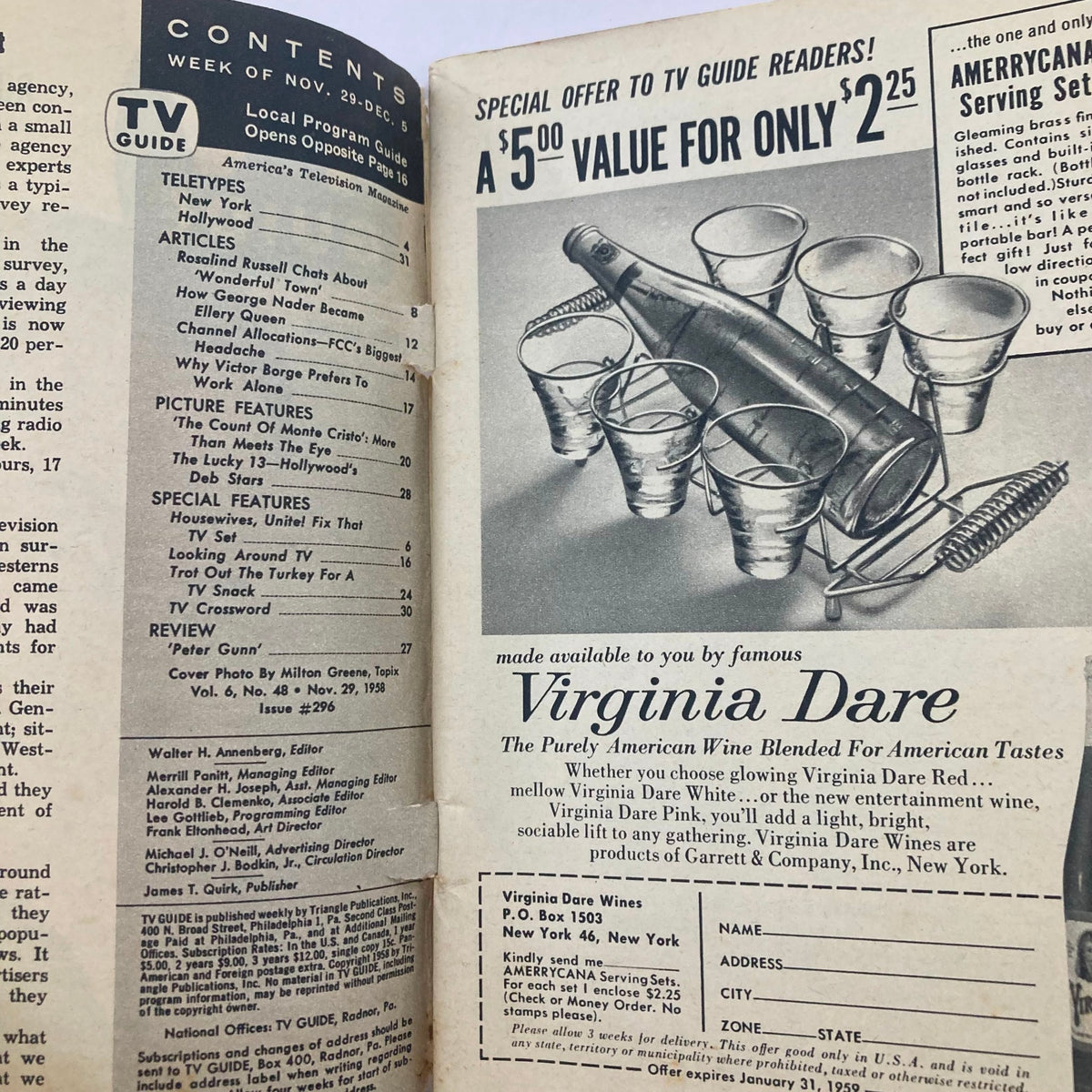 Interior page of TV Guide Magazine November 29 1958 displaying articles and advertisements, including a special offer for Virginia Dare wine.