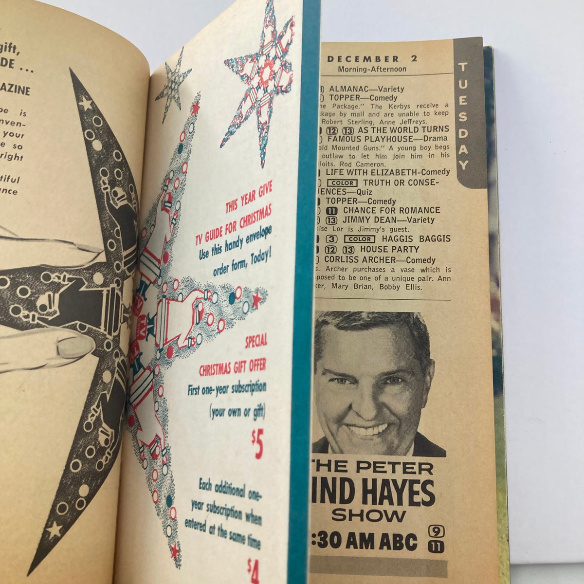 Another interior view of TV Guide Magazine November 29 1958 featuring a television schedule and promotional content for the Christmas season.