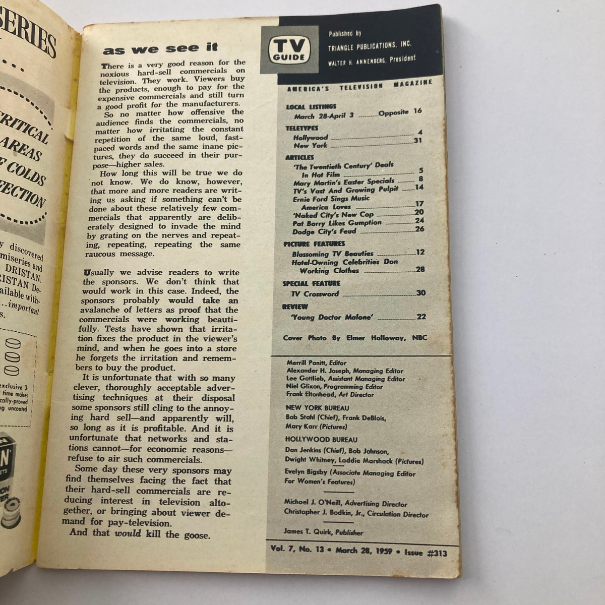 Inside page of TV Guide Magazine March 28 1959, detailing articles and local listings, highlighting the era's television landscape and advertising trends.