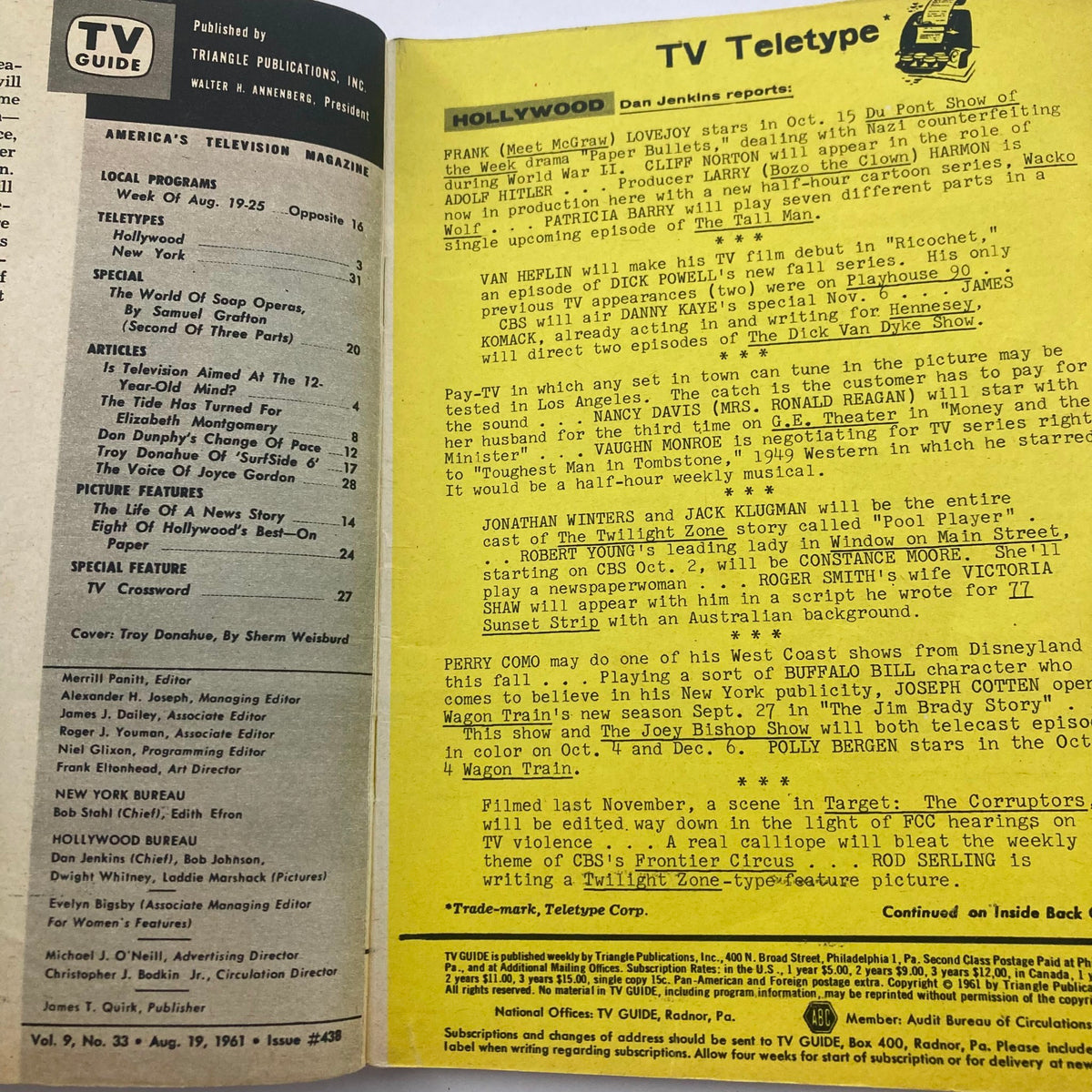 Interior page of TV Guide Magazine August 19, 1961, containing listings and articles about television programs and personalities from that era.