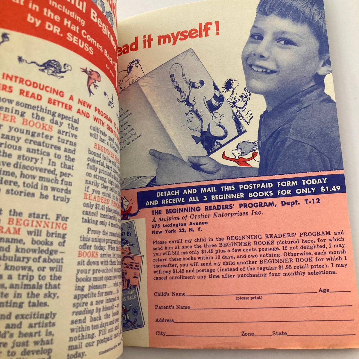 Inside page from TV Guide Magazine August 19 1961, featuring a vintage advertisement for the Beginning Readers' Program, appealing to parents with a postpaid enrollment form and illustrations from Dr. Seuss's books.