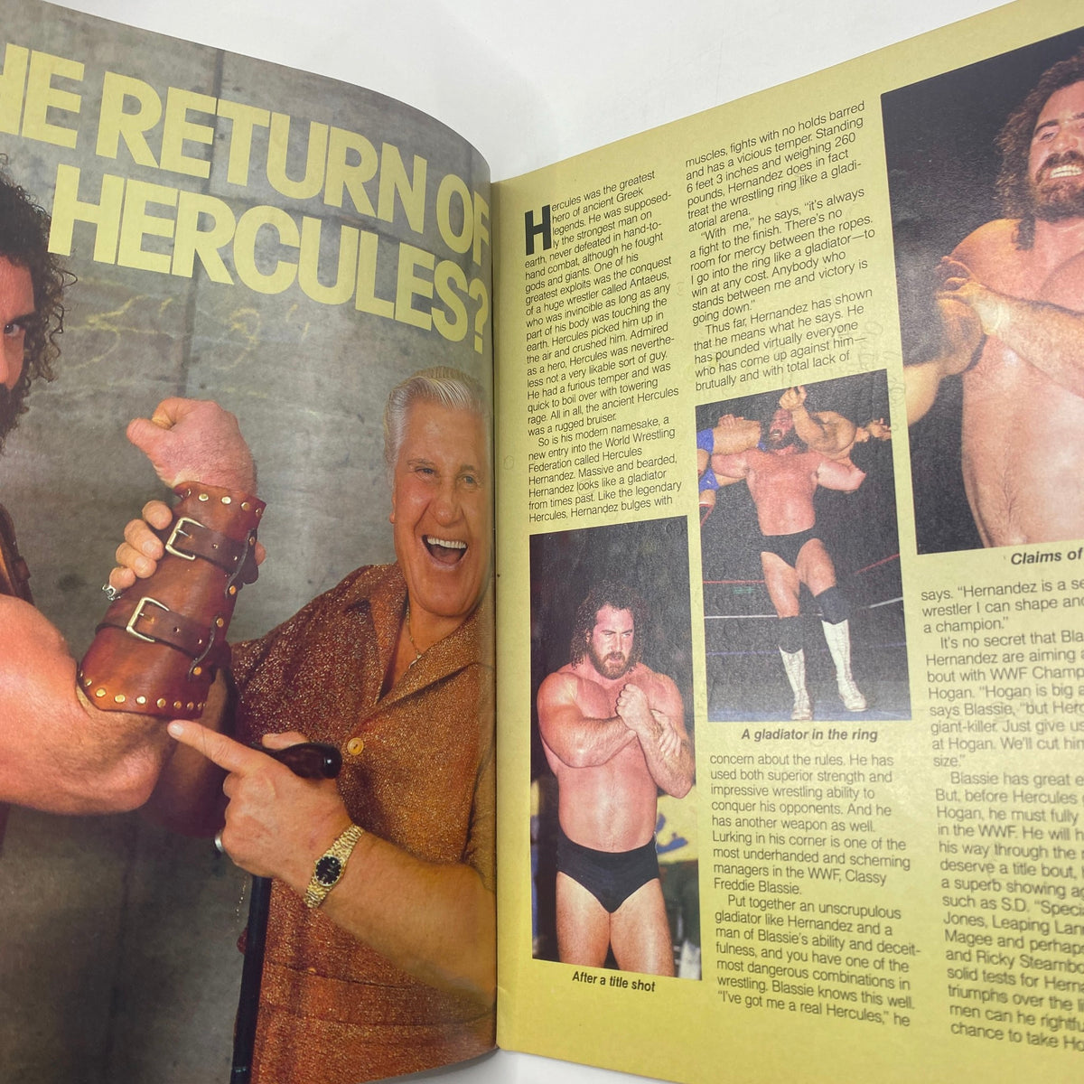 Interior page of the 1986 WWF Program discussing 'The Return of Hercules' featuring wrestlers and a colorful layout.