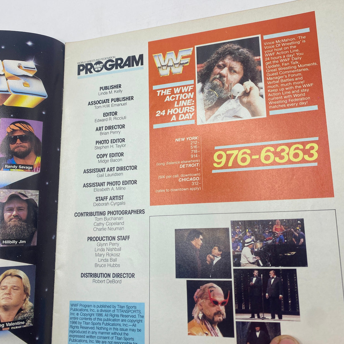 Another interior page of the 1986 WWF Program presenting editorial and contact details, highlighting notable wrestling figures.