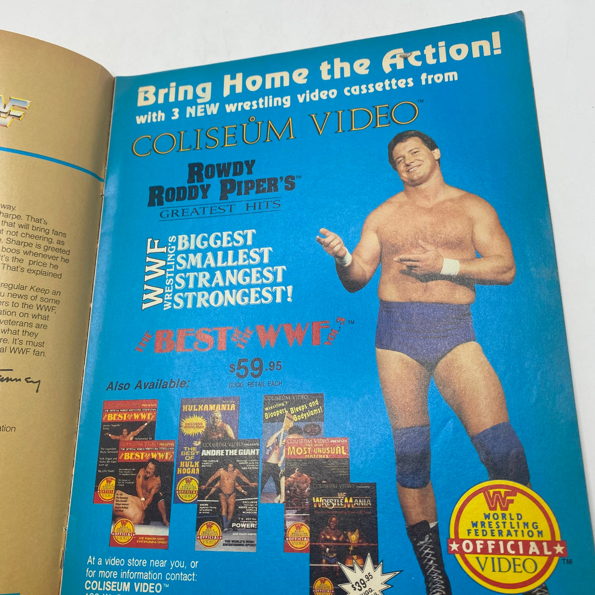 WWF Program 1985 No. 132 showcasing Rowdy Roddy Piper's wrestling video cassettes advertisement, featuring vibrant colors and classic wrestling imagery.