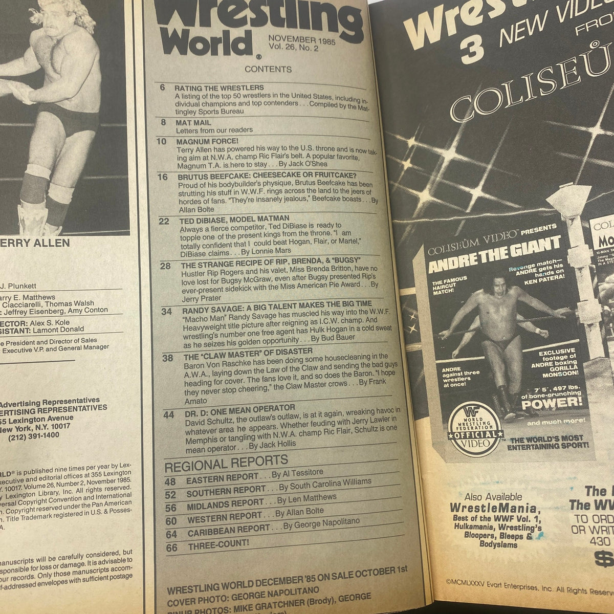 Contents page of Wrestling World Magazine November 1985 outlining articles about Randy Savage and Terry Allen, reflecting the wrestling industry's history.