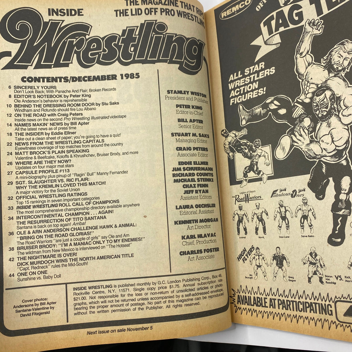 Inside content page of VTG Inside Wrestling Magazine December 1985, listing articles and highlights including the features on Arn and Ole Anderson.