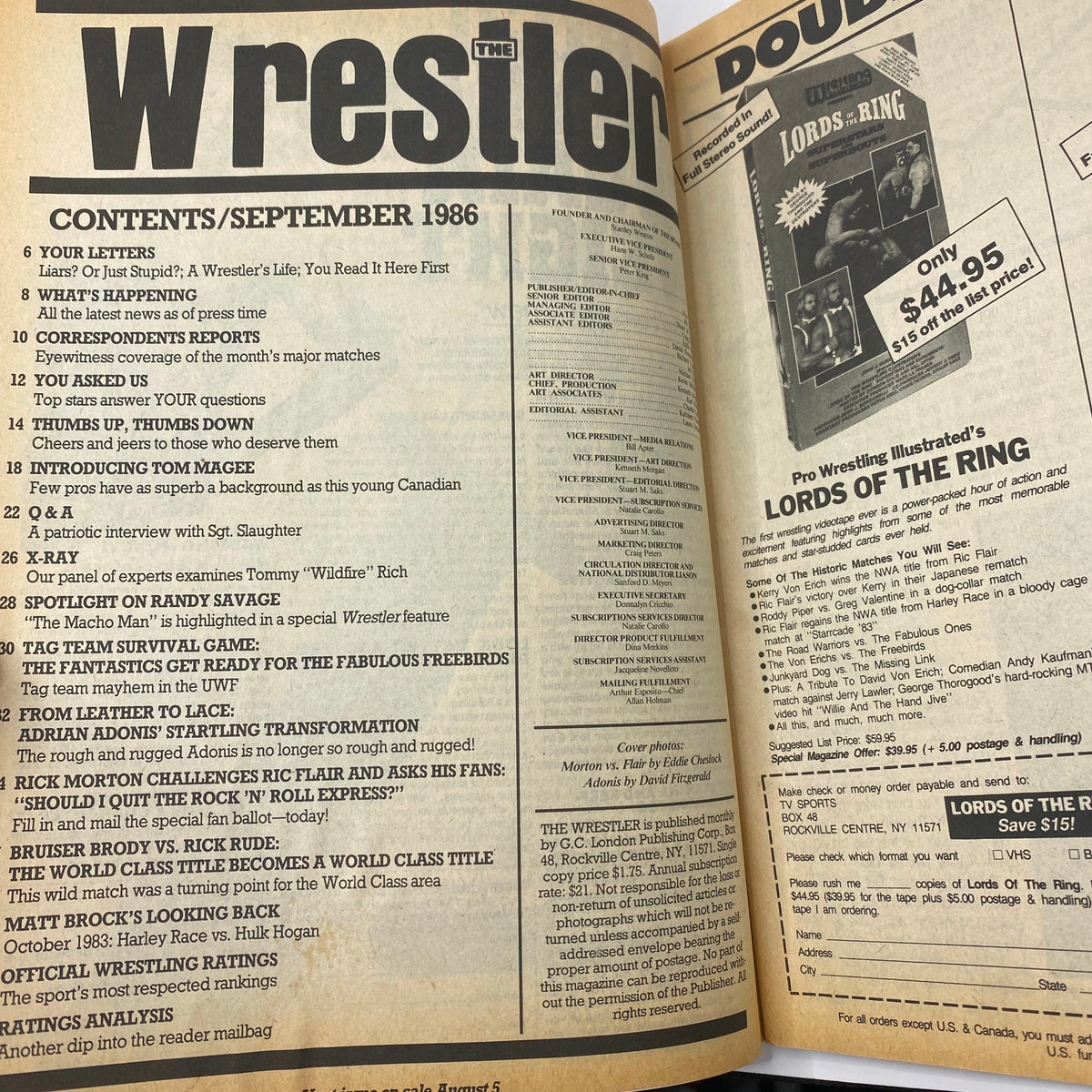Contents page of VTG The Wrestler Magazine September 1986, outlining articles including Rick Morton vs Ric Flair, and spotlight on Randy Savage.
