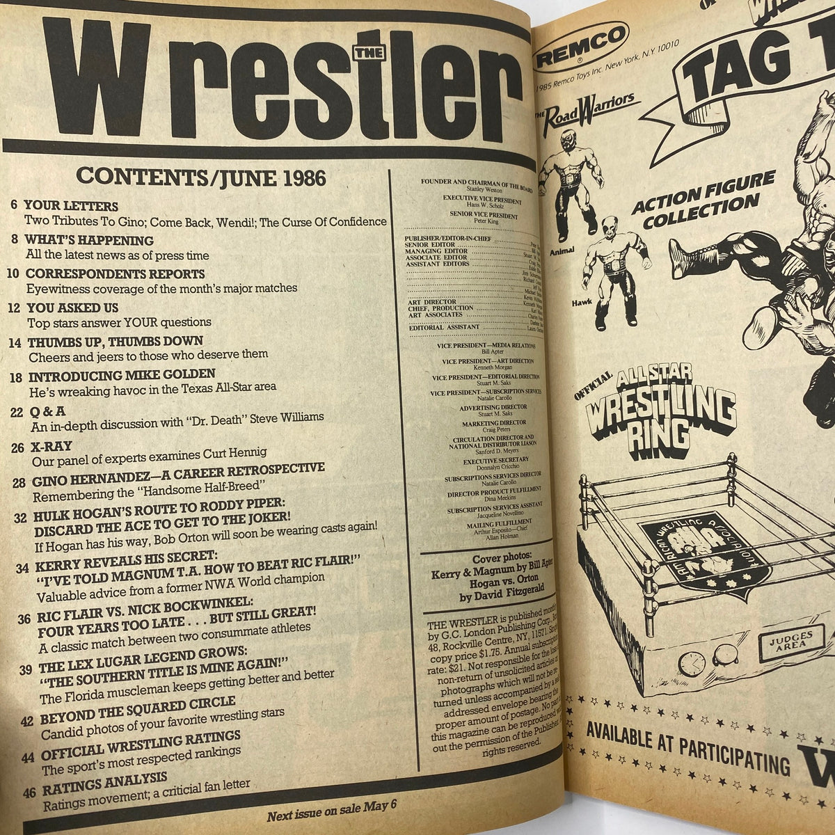 Inside spread of VTG The Wrestler Magazine June 1986, detailing contents including articles and features on wrestling legends and events.