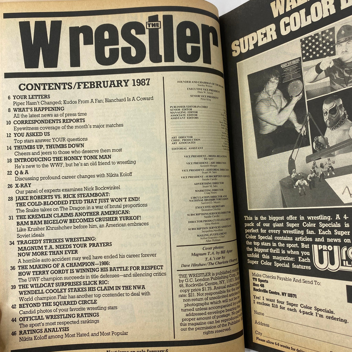 Inside page of VTG The Wrestler Magazine February 1987 showcasing the contents, including articles and features related to the wrestling industry during the late 1980s.