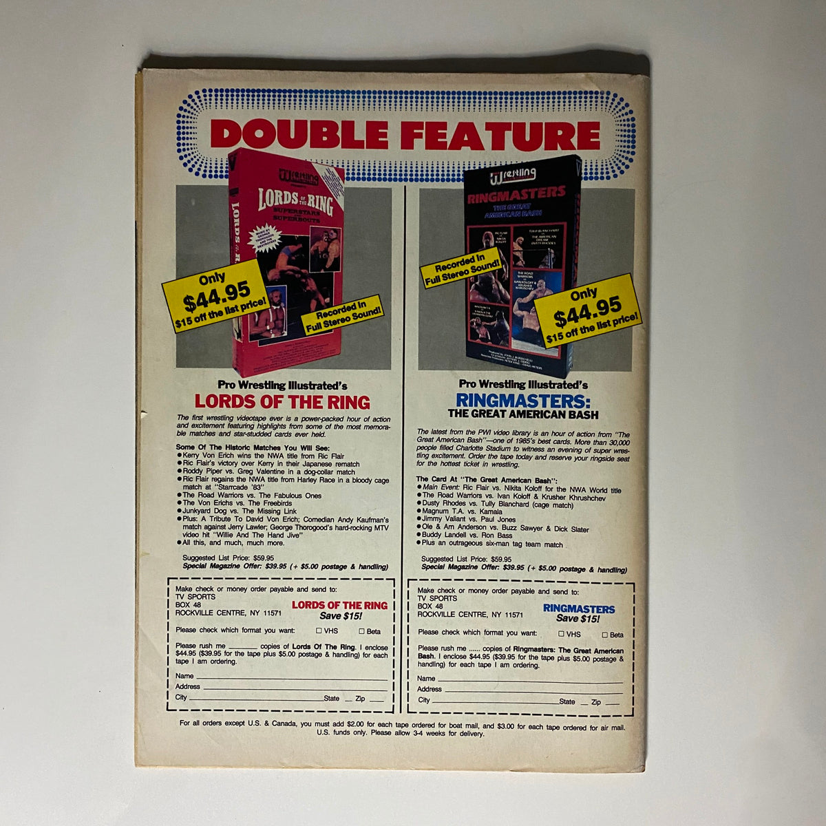 Back cover advertisement from VTG The Wrestler Magazine October 1986 showcasing Pro Wrestling Illustrated's 'Lords of the Ring' and 'Ringmasters' video collections.