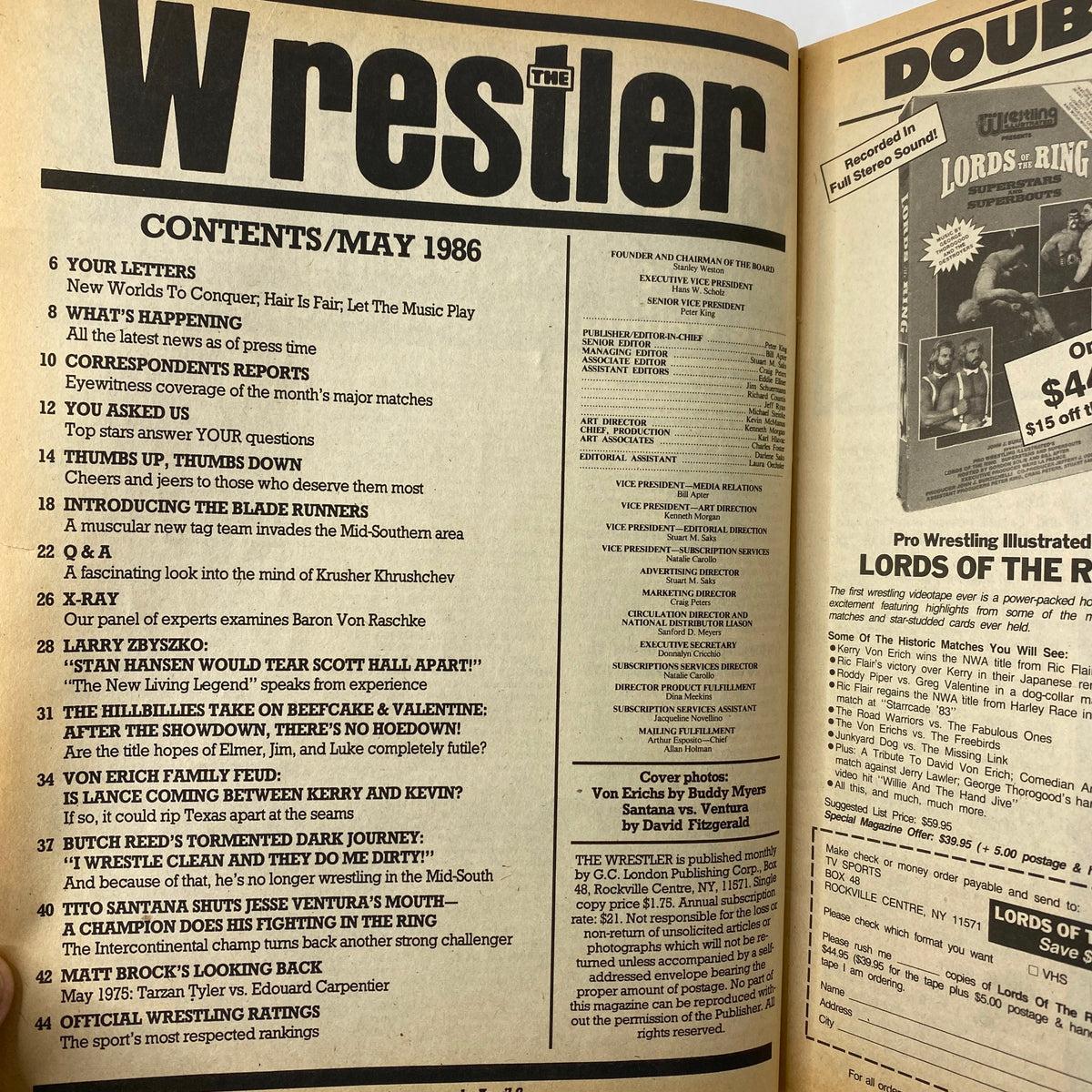Vintage The Wrestler Magazine May 1986 Kevin, Lance, Kerry GD Interior No Label