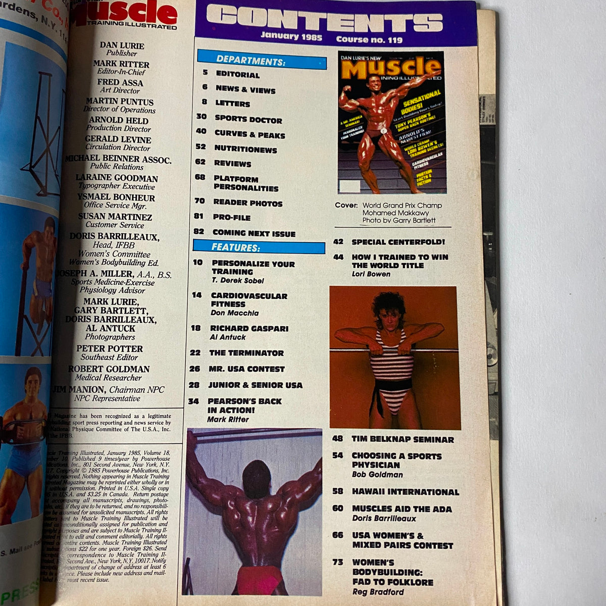 Table of contents for Muscle Training Illustrated January 1985 No. 119, highlighting features and articles including Mohamed Makkawy and special centerfold.