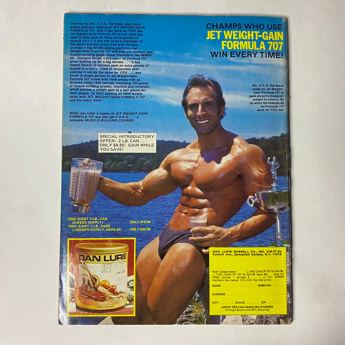 Rear cover of Muscle Training Illustrated January 1985 No. 119, highlighting champions using Jet Weight-Gain Formula 707, featuring a muscular man holding a weight-gain shake by the water.