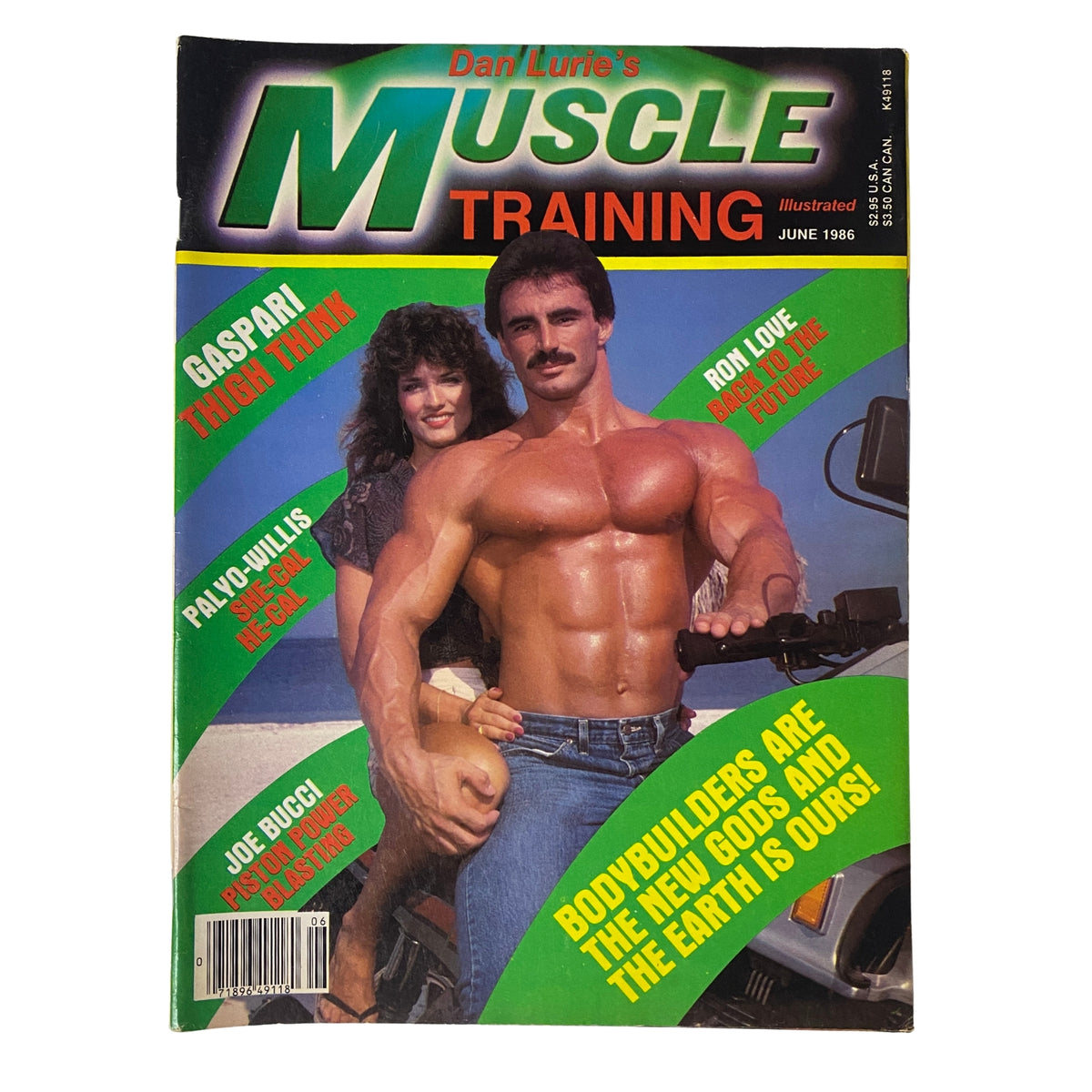 Cover of Muscle Training Illustrated, June 1986 featuring Frank Scolaro and Marsha Scolaro, showcasing bodybuilding and fitness culture.
