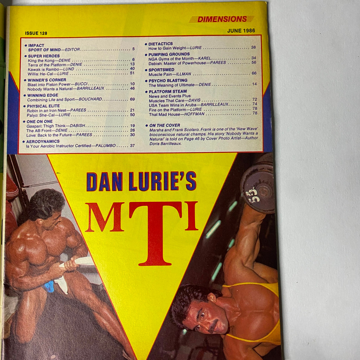 Table of Contents from Muscle Training Illustrated, June 1986, outlining articles on natural bodybuilding techniques and athlete profiles.