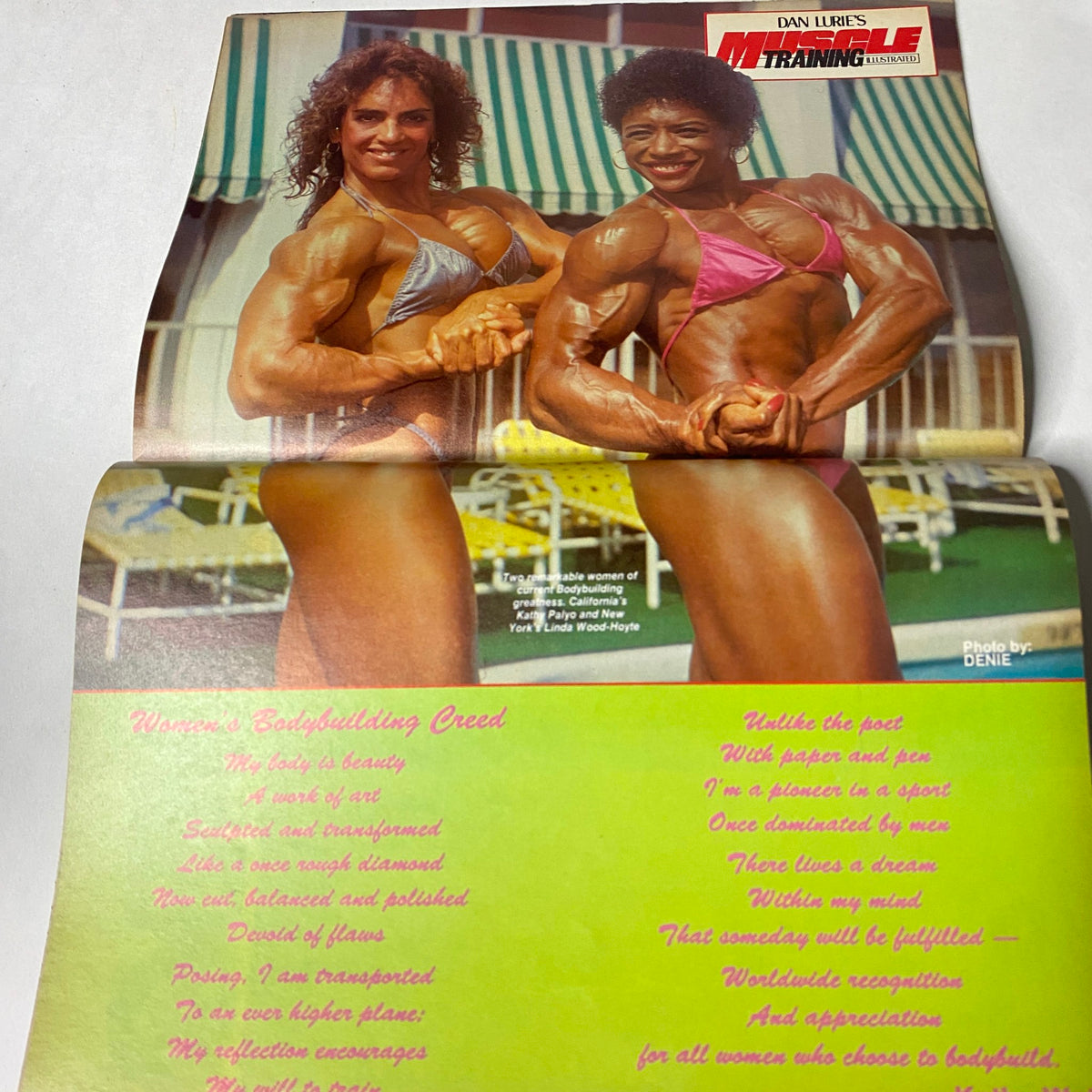 Centerfold from Muscle Training Illustrated, June 1986, highlighting women bodybuilders and their creed, emphasizing empowerment in fitness.