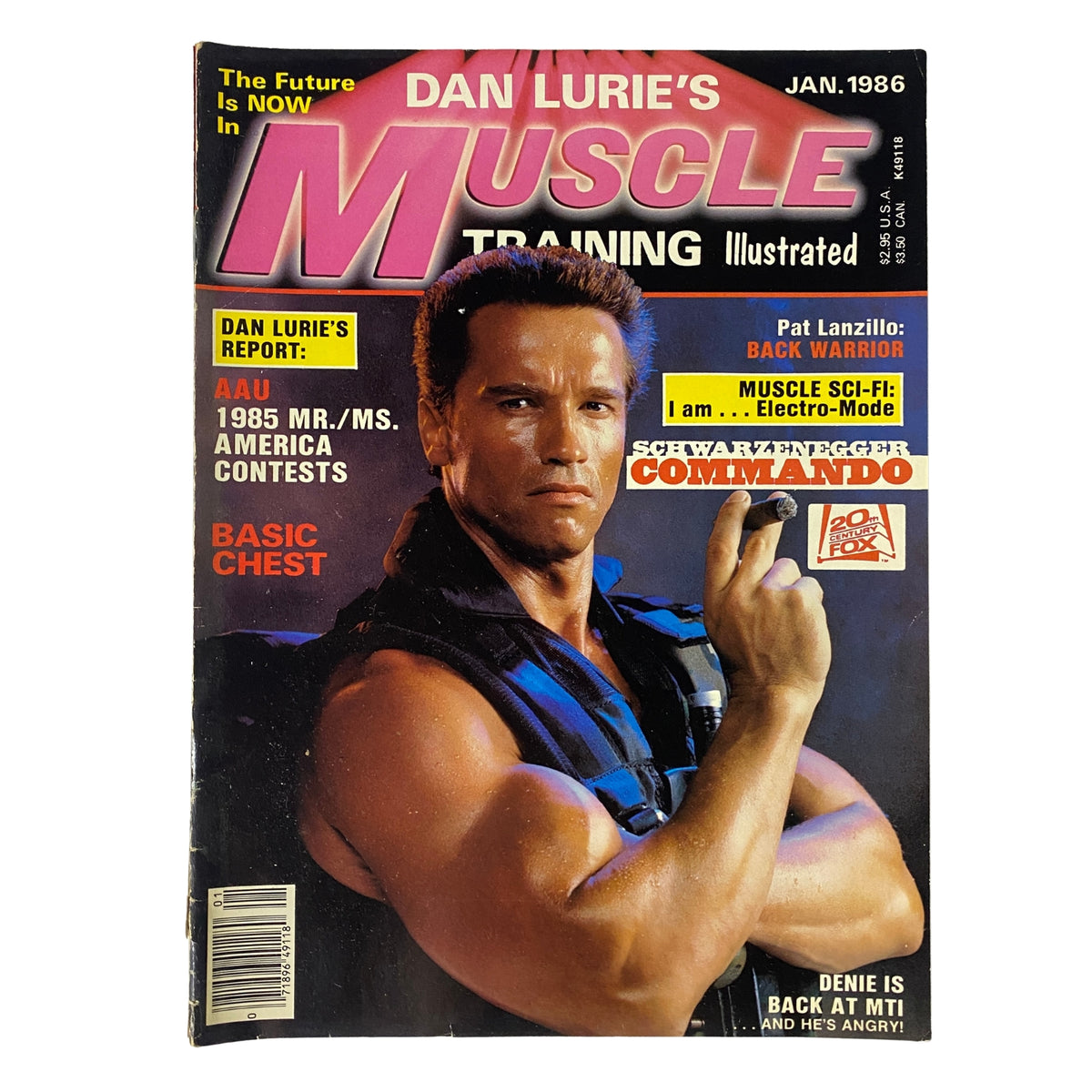 Muscle Training Illustrated January 1986 cover featuring Arnold Schwarzenegger, showcasing fitness and bodybuilding themes, and promoting the movie Commando.
