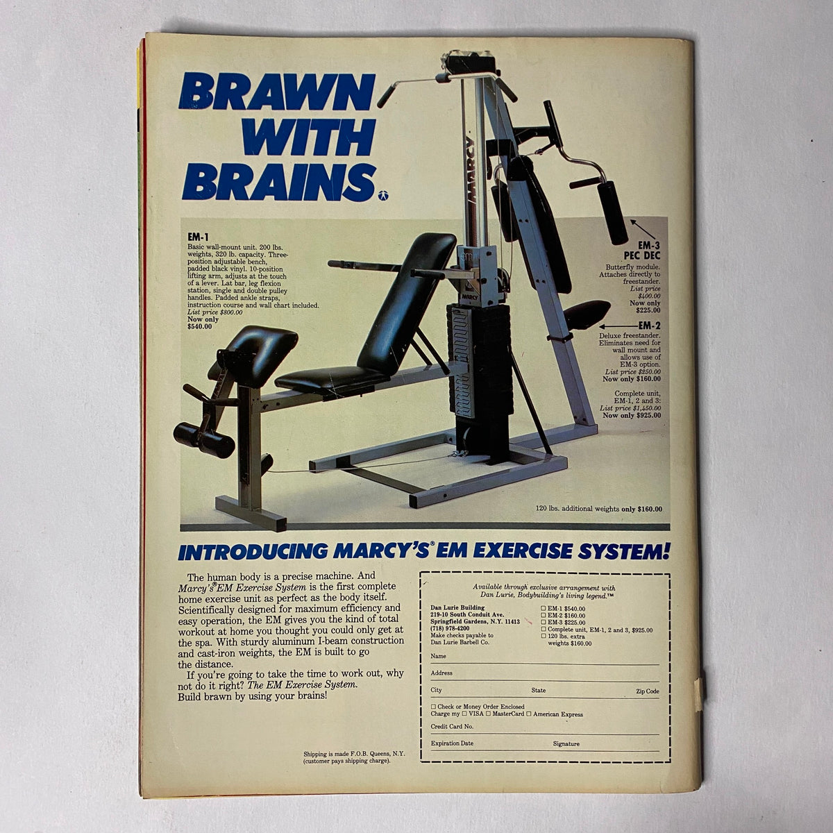 Ad page from Muscle Training Illustrated January 1986 introducing Marcy's EM exercise system, focusing on fitness equipment and bodybuilding lifestyle.