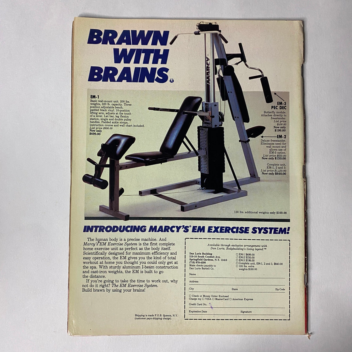 Muscle Training Illustrated August 1986, advertisement for Marcy's EM Exercise System featuring a complete workout machine setup and exercise guide.