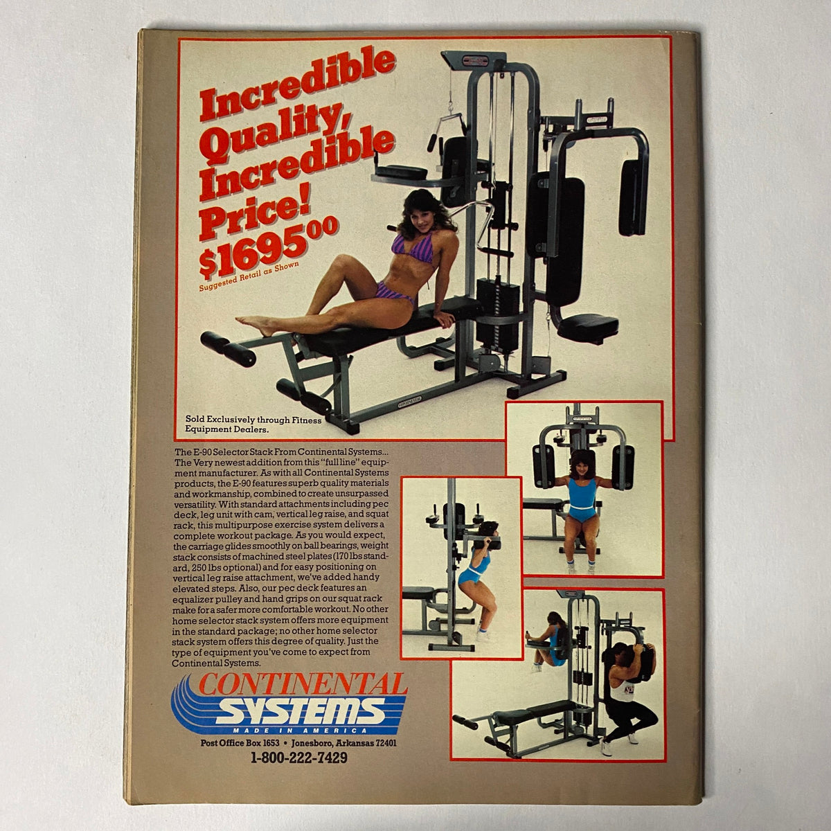Back cover of Muscle Training Illustrated August 1987 No. 136 promoting a weightlifting machine by Continental Systems, highlighting its quality and price of $1695.00.