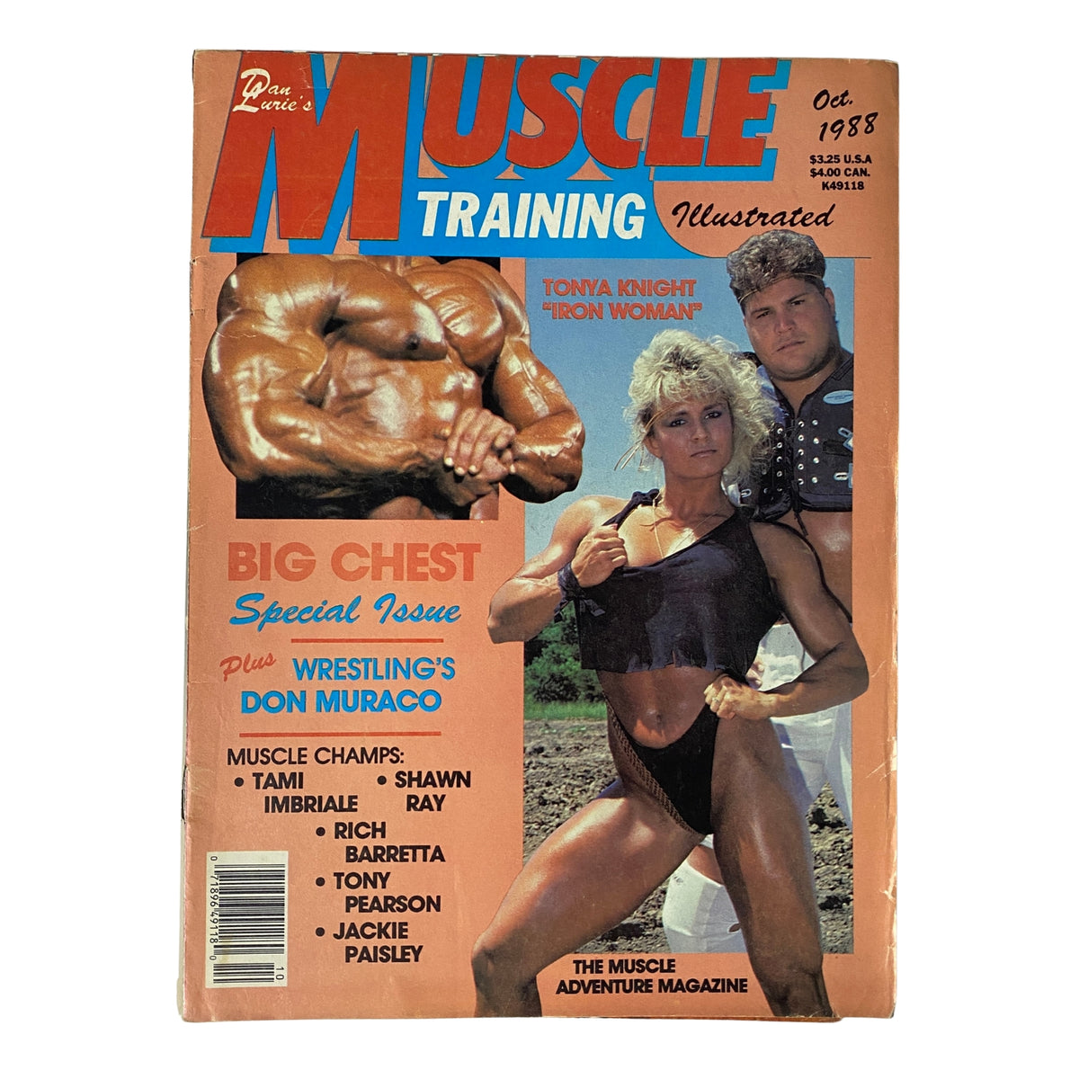 Cover of Muscle Training Illustrated, October 1988, featuring Tonya Knight, 'Iron Woman', showcasing bodybuilding culture with a focus on big chest training.