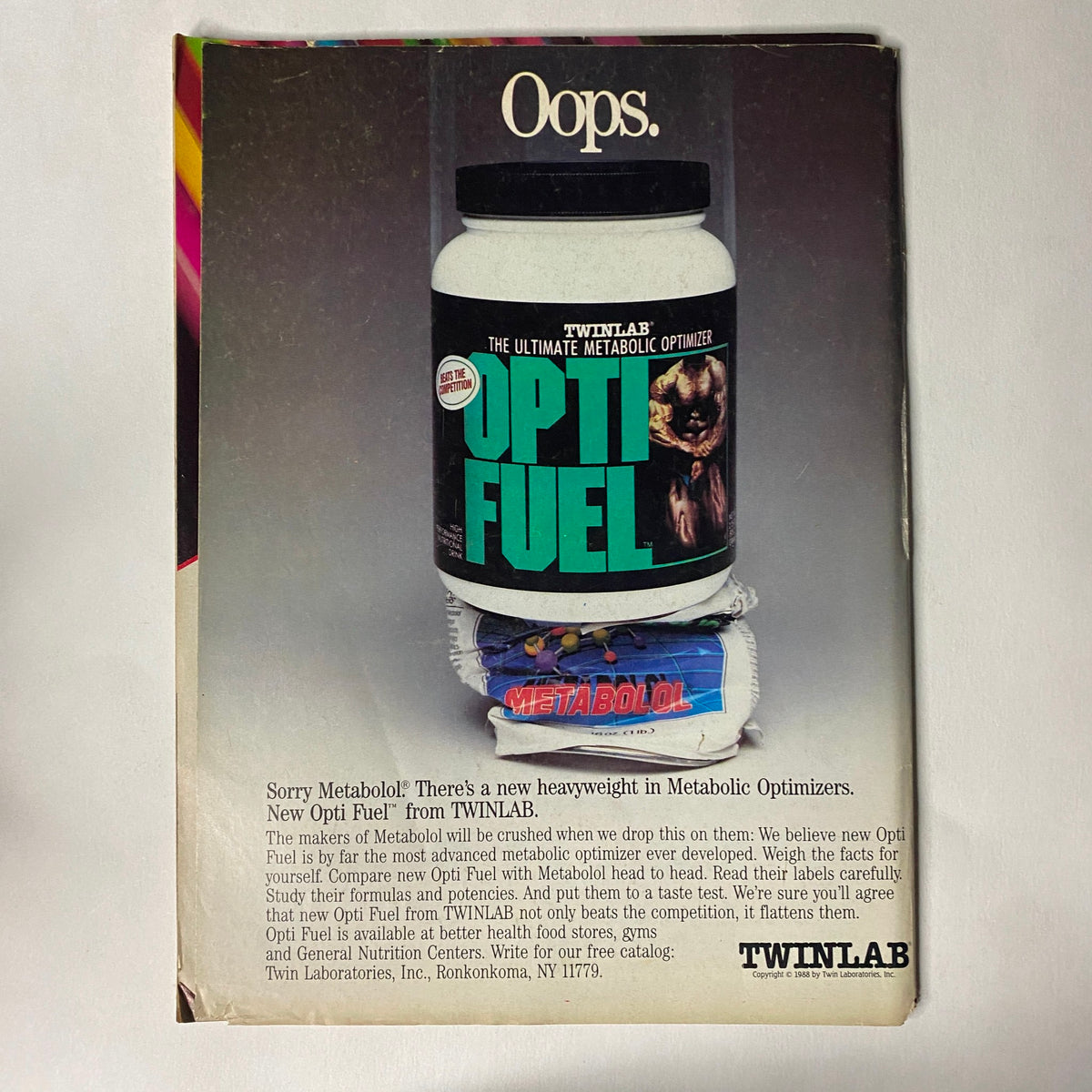 Back cover of Muscle Training Illustrated, October 1988, promoting Twinlab's Opti Fuel metabolite optimizer, illustrating the connection between supplements and muscle training.