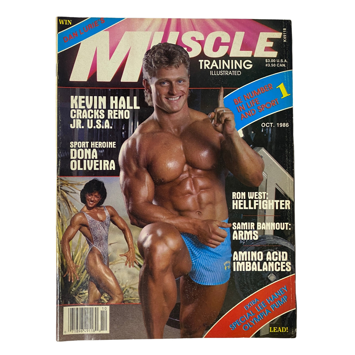Muscle Training Illustrated October 1986 magazine cover featuring Kevin Hall highlighting bodybuilding achievements and Dona Oliveira, with focus on fitness culture, athlete profiles, and training insights. Includes elements like 'Be Number 1' signal.