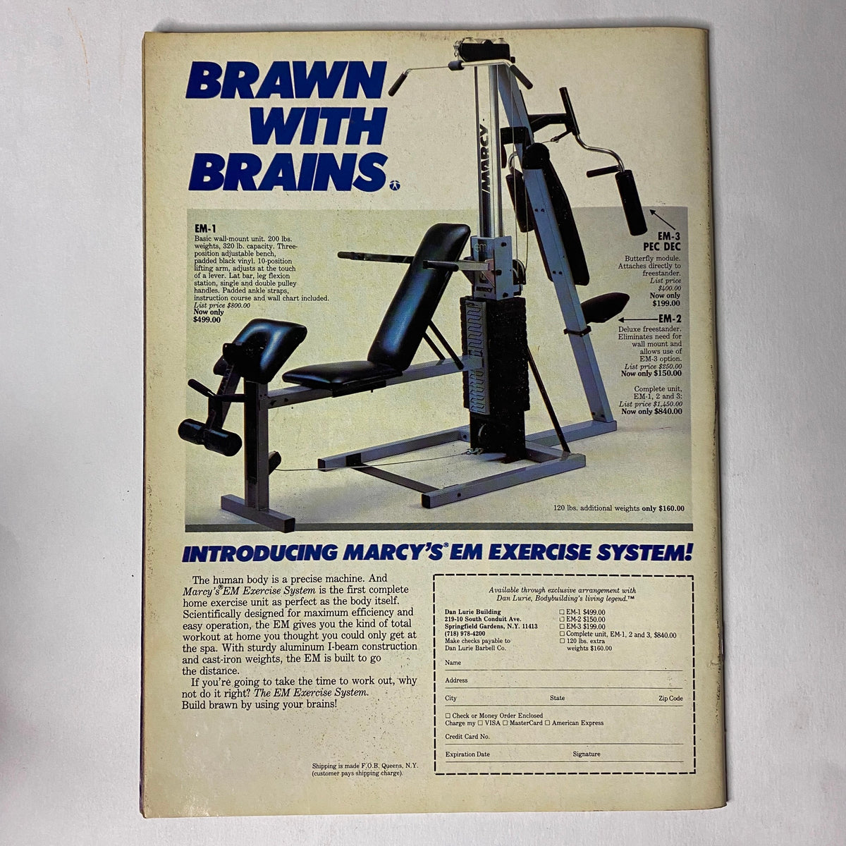 Back cover of Muscle Training Illustrated October 1986, advertising Marcy's EM exercise system, emphasizing strength training equipment and fitness.