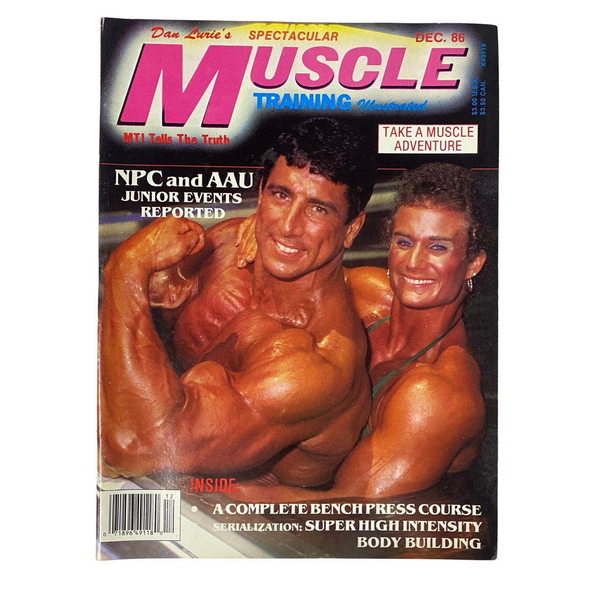 Cover of Muscle Training Illustrated December 1986 featuring Rich Poston and Debra Poston, the 1986 AAU Jr. America Couples Champions, showcasing bodybuilding excellence.