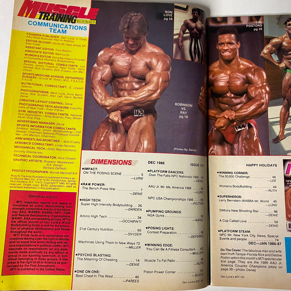 Table of contents page from Muscle Training Illustrated December 1986, detailing articles and segments including contest coverage and training innovations.