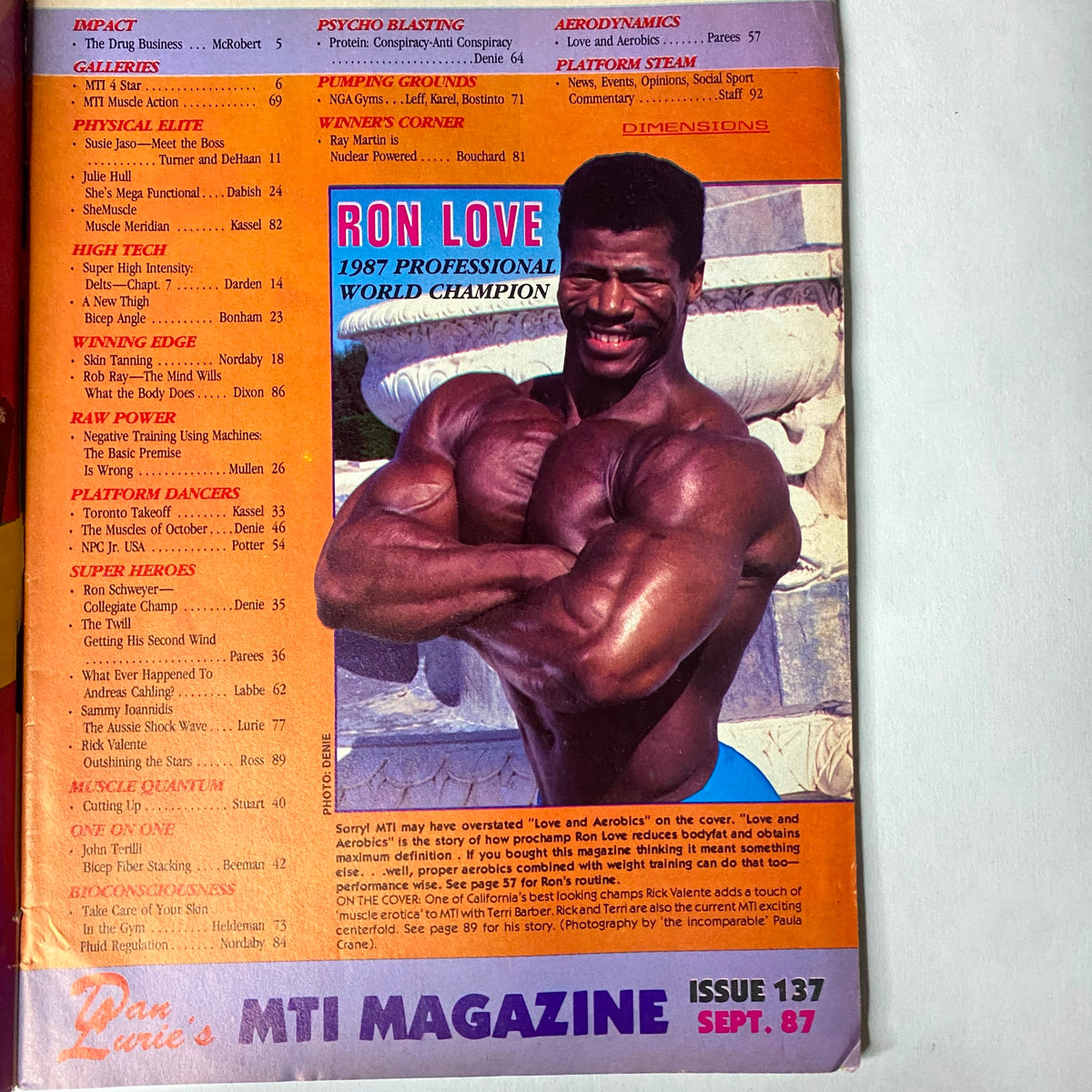 Back cover of Muscle Training Illustrated September 1987 featuring Ron Love, a 1987 Professional World Champion, highlighting articles from that issue.