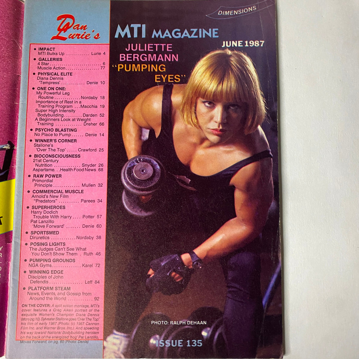 Inside page of Muscle Training Illustrated June 1987 featuring Juliette Bergmann titled 'Pumping Eyes', highlighting her strength training with a dumbbell and showcasing fitness magazine content.