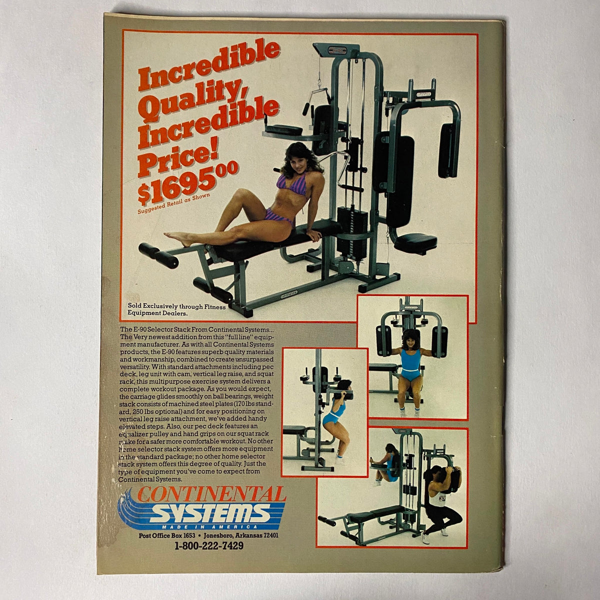 Advertisement page from Muscle Training Illustrated June 1987 promoting fitness equipment, featuring a woman exercising on a multi-functional gym machine with details of pricing and product information.