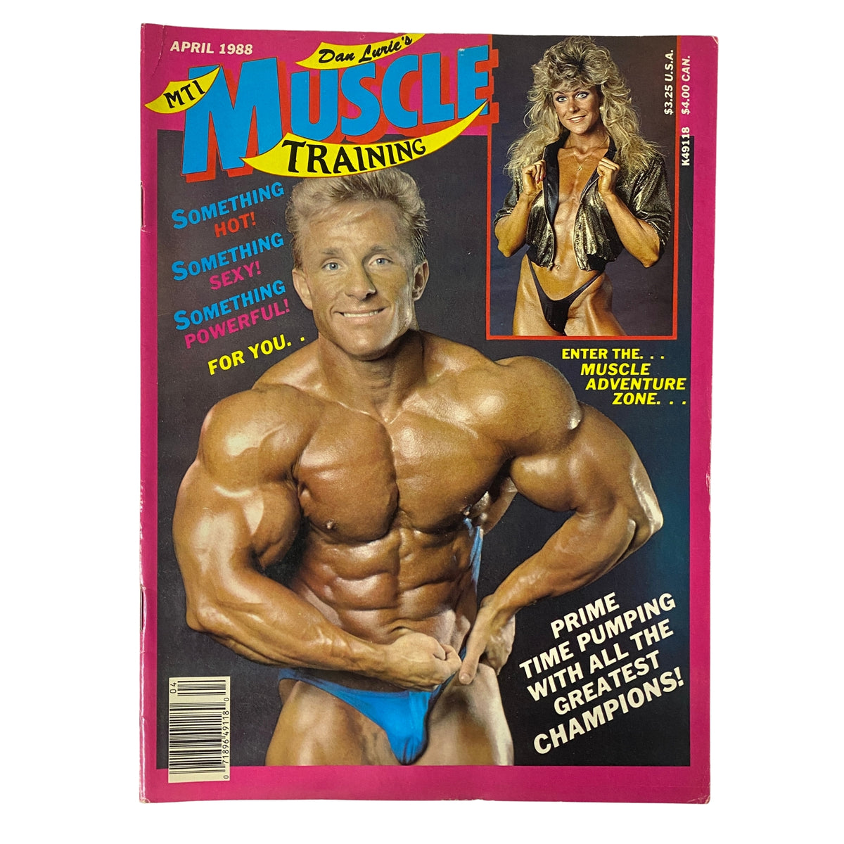 Cover of Muscle Training Illustrated April 1988 featuring Vince Comerford, NPC Middleweight National Champion, in bodybuilding pose, and Sandy Riddell, Arizona's Women's Champion, with colorful and energetic design.