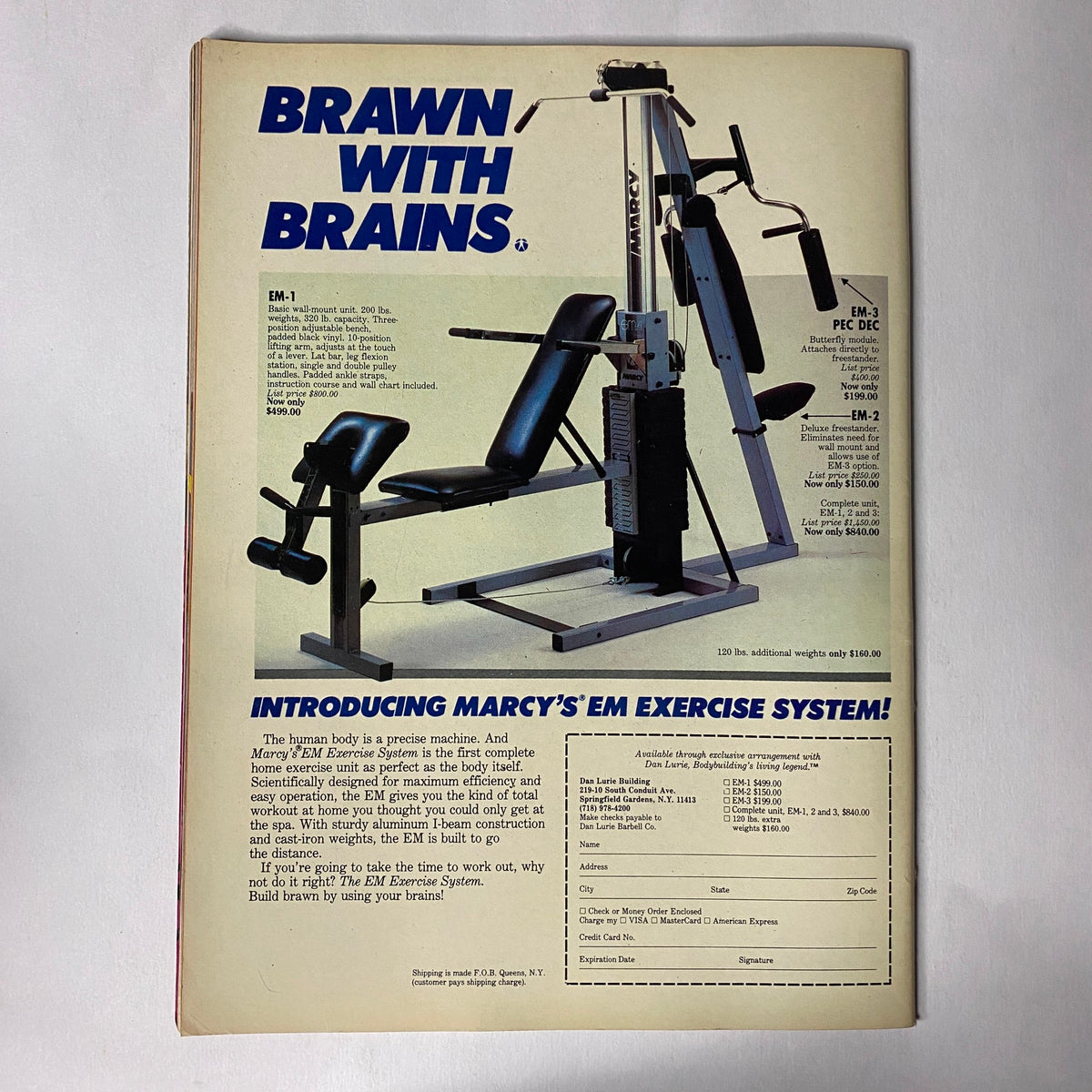 Back cover of Muscle Training Illustrated April 1988 displaying an advertisement for Marcy's EM Exercise System. The image highlights exercise equipment designed to enhance fitness and strength training.