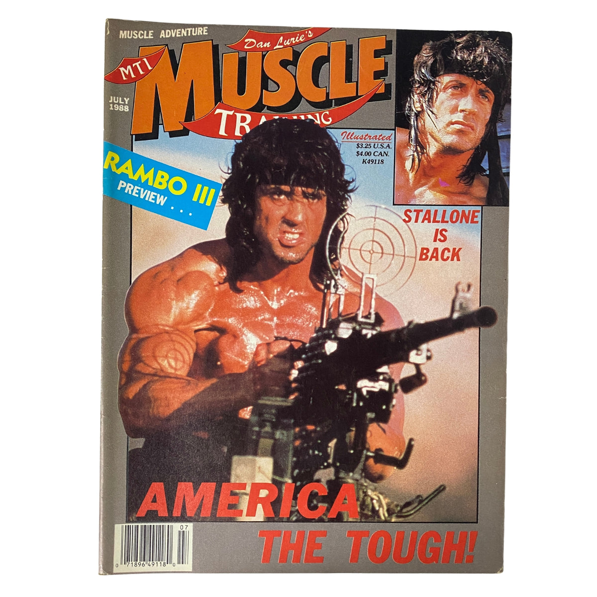 Muscle Training Illustrated July 1988 featuring Sylvester Stallone on the cover, themed around Rambo III, showcasing the blend of Hollywood action and bodybuilding.