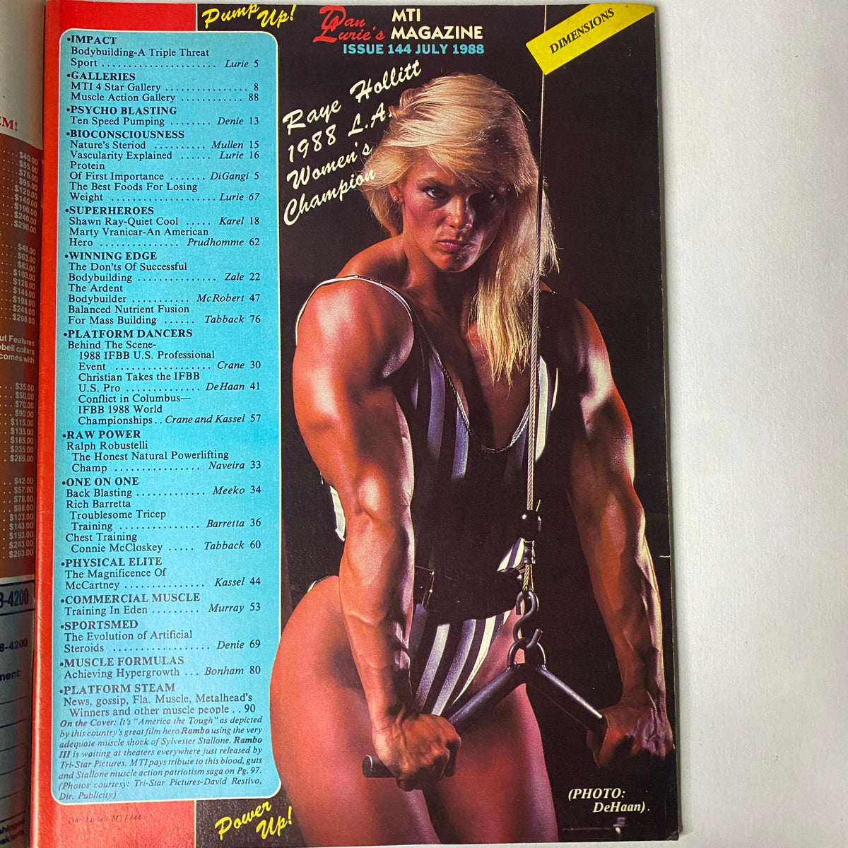Interior of Muscle Training Illustrated July 1988, highlighting Raye Hollitt, 1988 Women's Champion, emphasizing bodybuilding excellence and female strength.