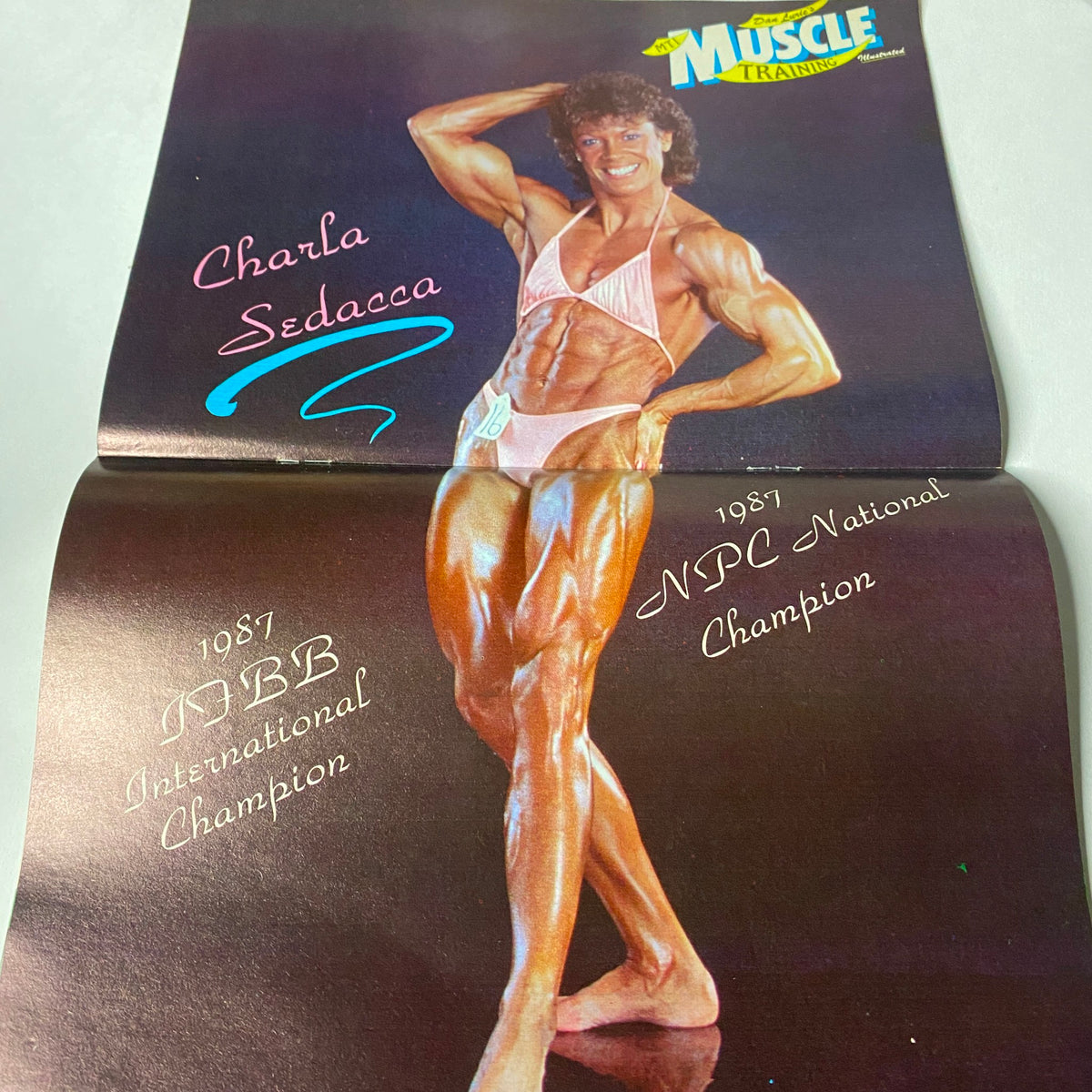 Centerfold article in Muscle Training Illustrated February 1988 featuring Charla Sedacca, 1987 DBB International Champion, displaying her impressive physique.