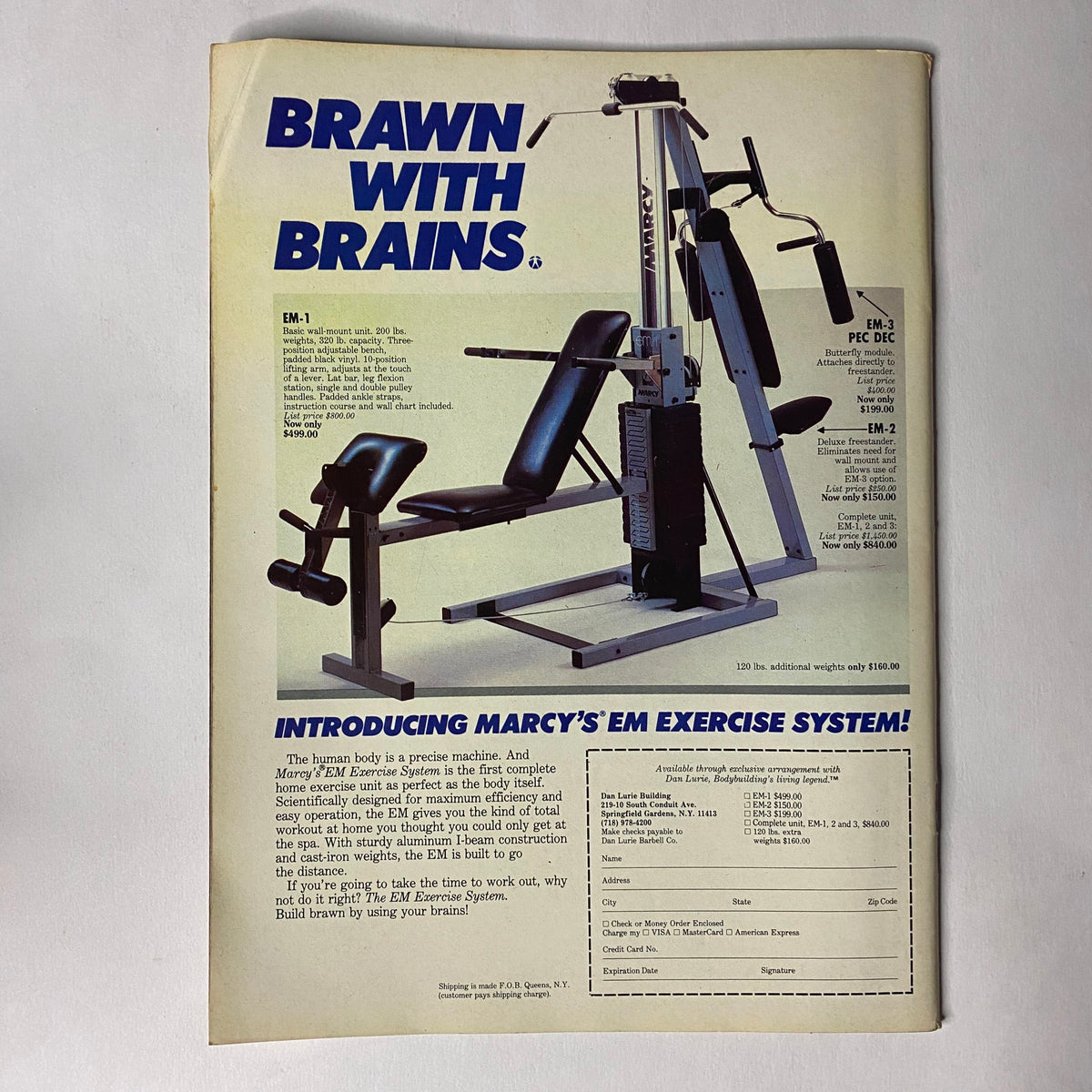 Advertisement in Muscle Training Illustrated February 1988 introducing the EM exercise system from Marcy with fitness equipment for home workouts.