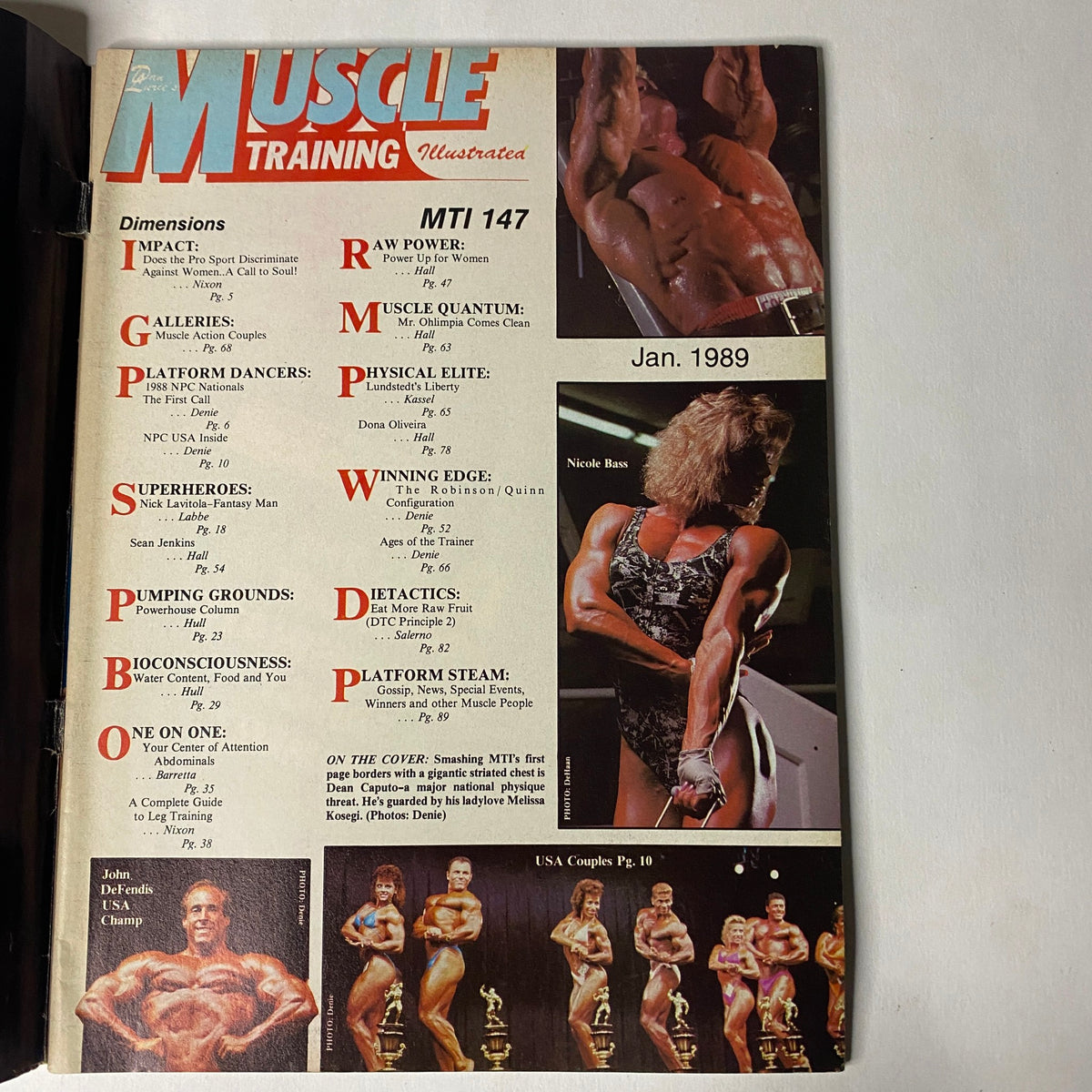 Table of contents for Muscle Training Illustrated January 1989, issue MTI 147. It includes sections on bodybuilding, training tactics, and notable articles from the issue.