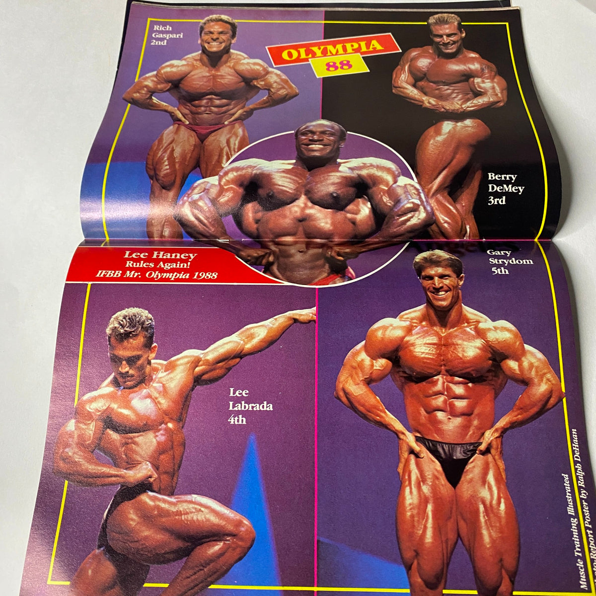 Centerfold from Muscle Training Illustrated January 1989 showcasing the 1988 Mr. Olympia results with competitors including Lee Haney and Lee Labrada.