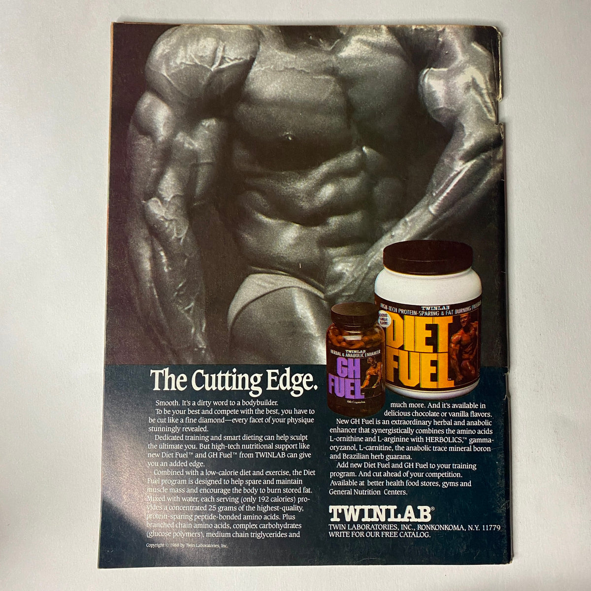 Muscle Training Illustrated January 1989 cover featuring Dean Caputo and Melissa Kosegi with a bodybuilding advertisement for Twin Lab products, showcasing athletic physique and training supplements.