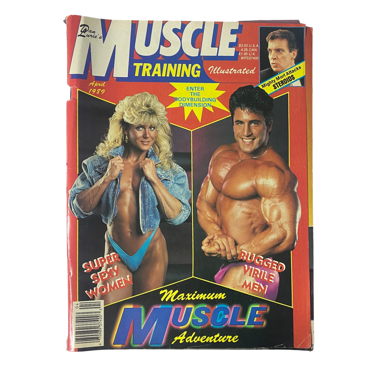 Muscle Training Illustrated April 1989 cover featuring Sandy Riddell and muscular male model, showcasing bodybuilding culture with vibrant graphics and bold title.