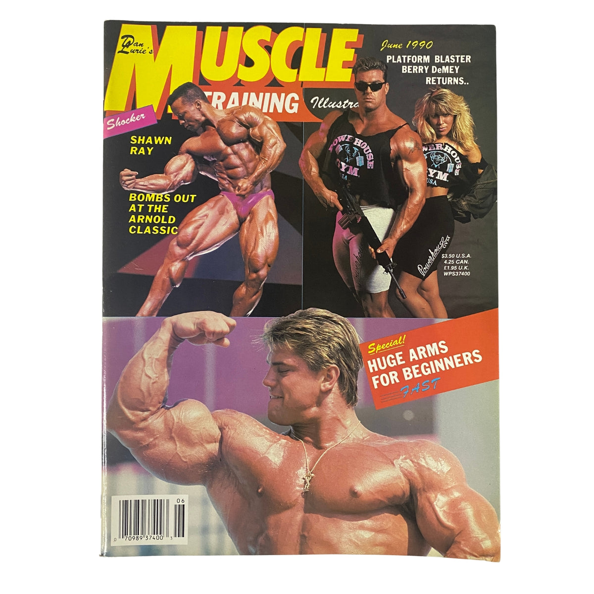 Muscle Training Illustrated June 1990 cover featuring Shawn Ray and Berry DeMey with centerfold; highlights of bodybuilding with a focus on huge arms for beginners.