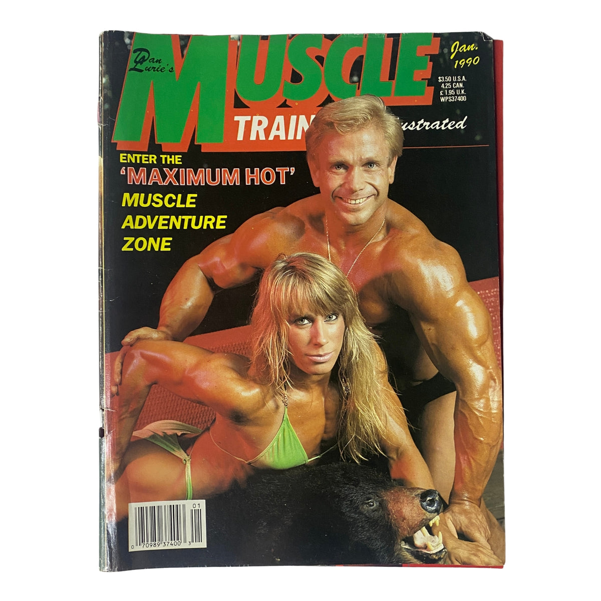 Cover of Muscle Training Illustrated January 1990 featuring Steve Stone and Sharon Arrildt posing with bright colors and bold text highlighting the issue's theme.